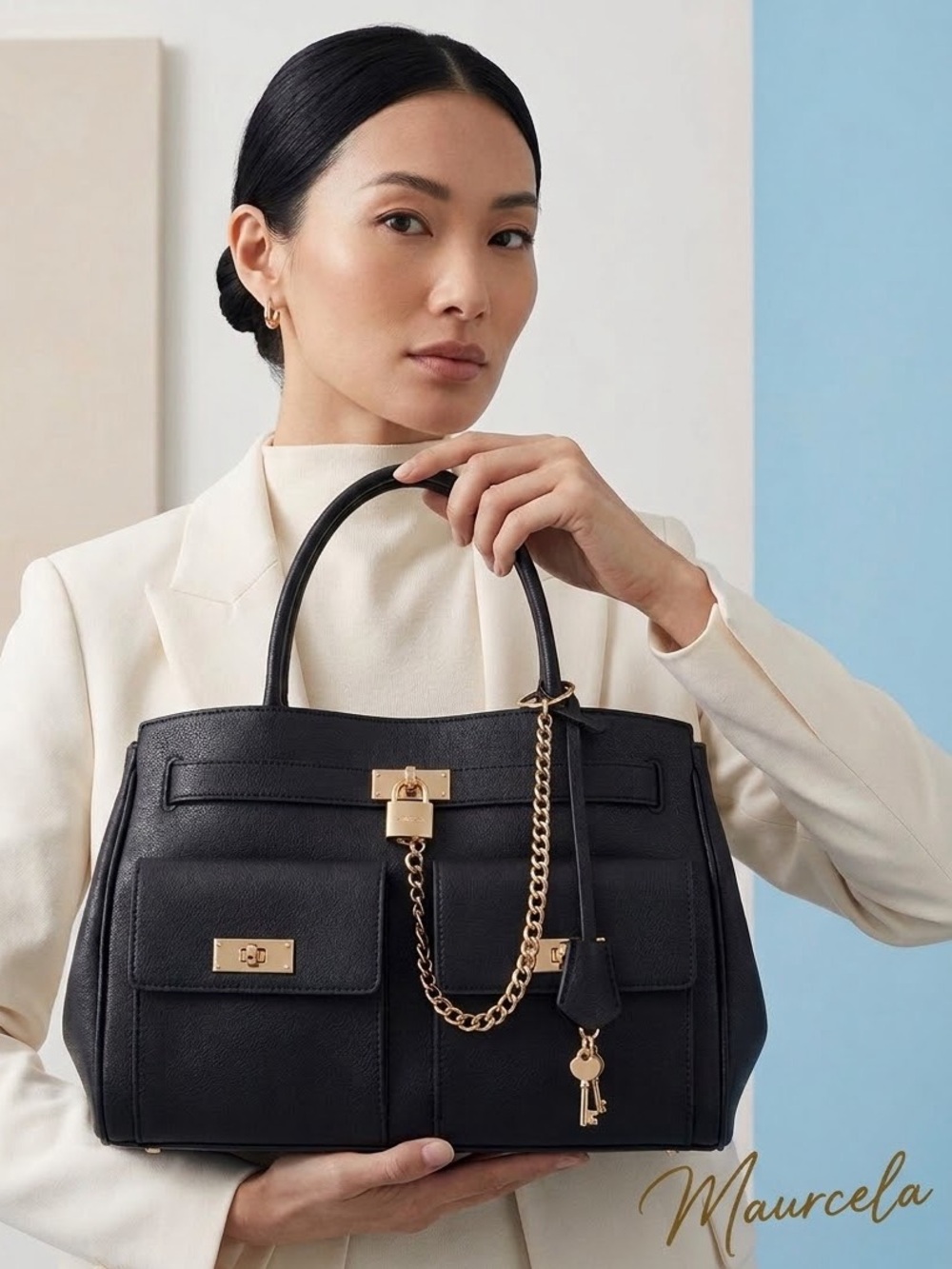 NWT ALDO Katetotee Black Faux Leather Tote Satchel Handbag Lock Chain Charm
